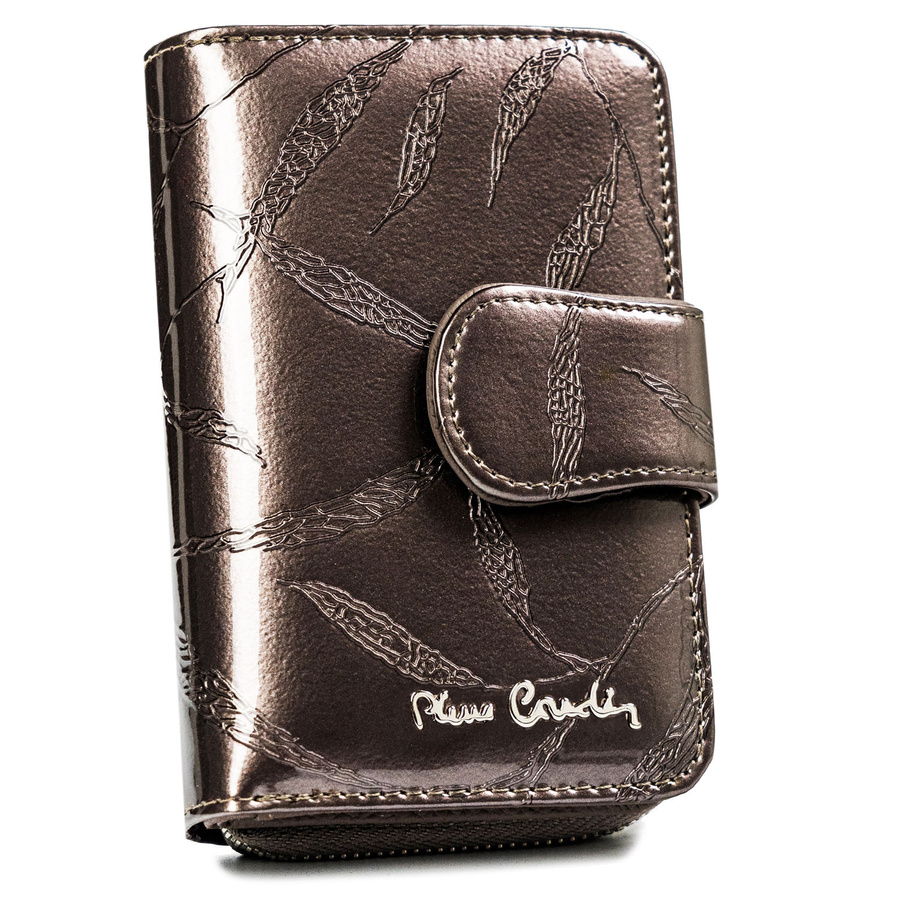 Mały, pionowy portfel ze skóry naturalnej lakierowanej z motywem liści - Pierre Cardin - obrazek 2