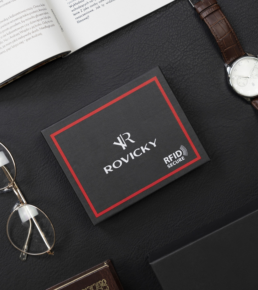 Poziomy portfel męski ze srebrnym akcentem, skóra naturalna licowa — Rovicky - obrazek 13