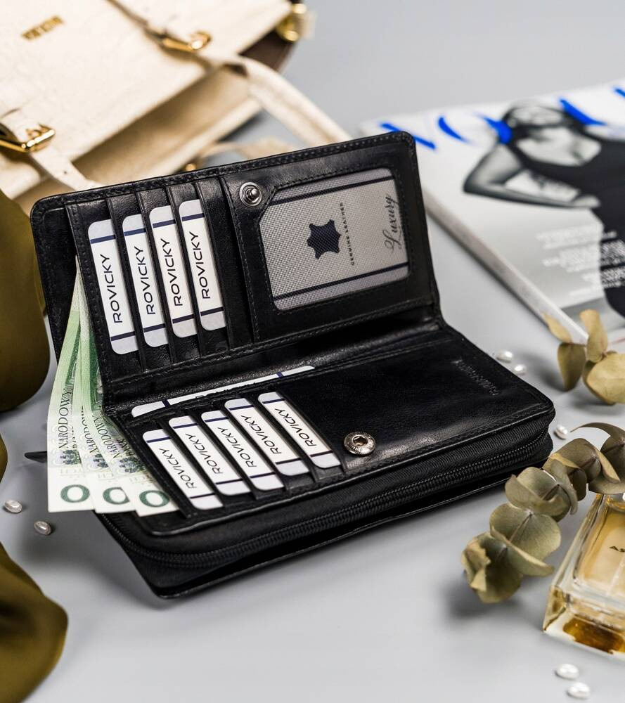 Duży, skórzany portfel damski na zamek i zatrzask - Rovicky - obrazek 4