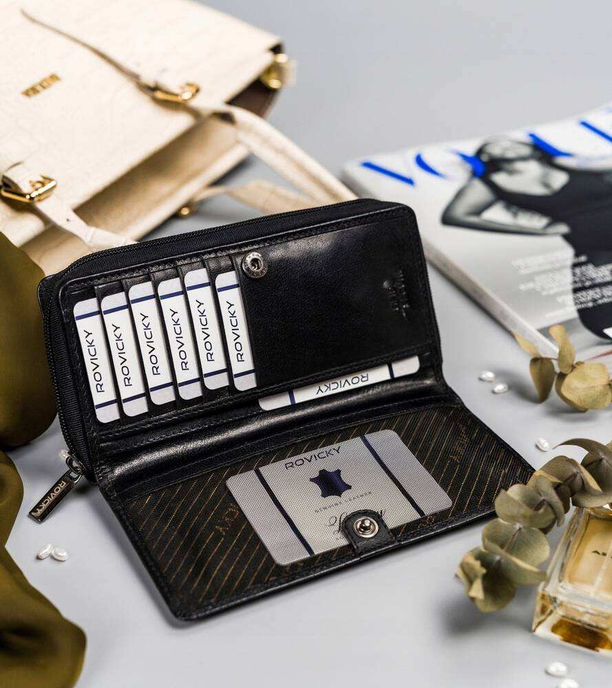 Duży, skórzany portfel damski na zamek i zatrzask - Rovicky - obrazek 5