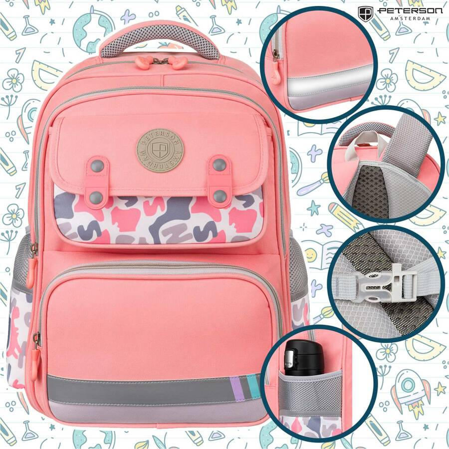 Szkolny, różowy plecak z oddychającego poliestru z pasem piersiowym - Peterson - obrazek 4