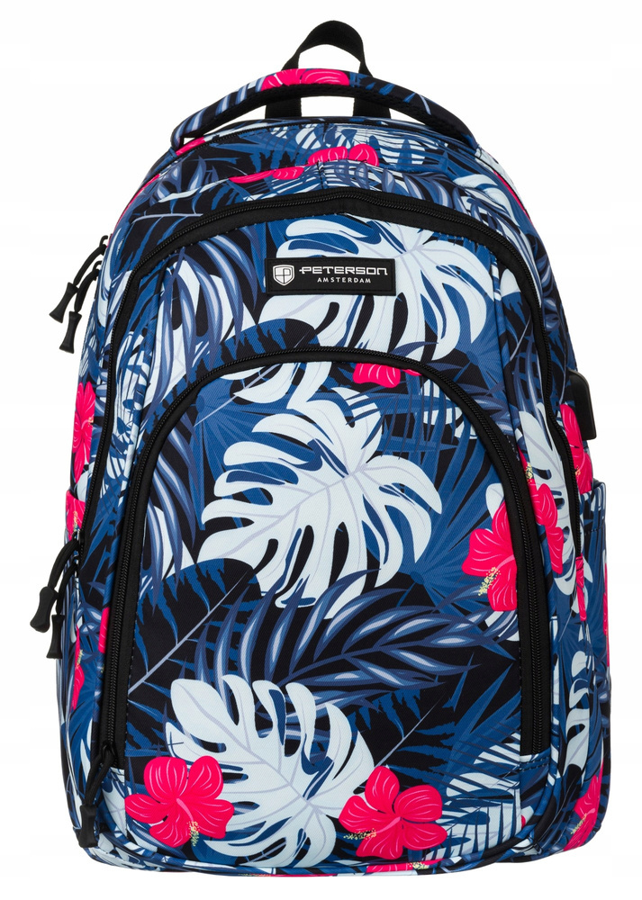 Plecak z poliestru pokryty roślinnym wzorem z dużą kieszenią na froncie - Peterson - obrazek 2