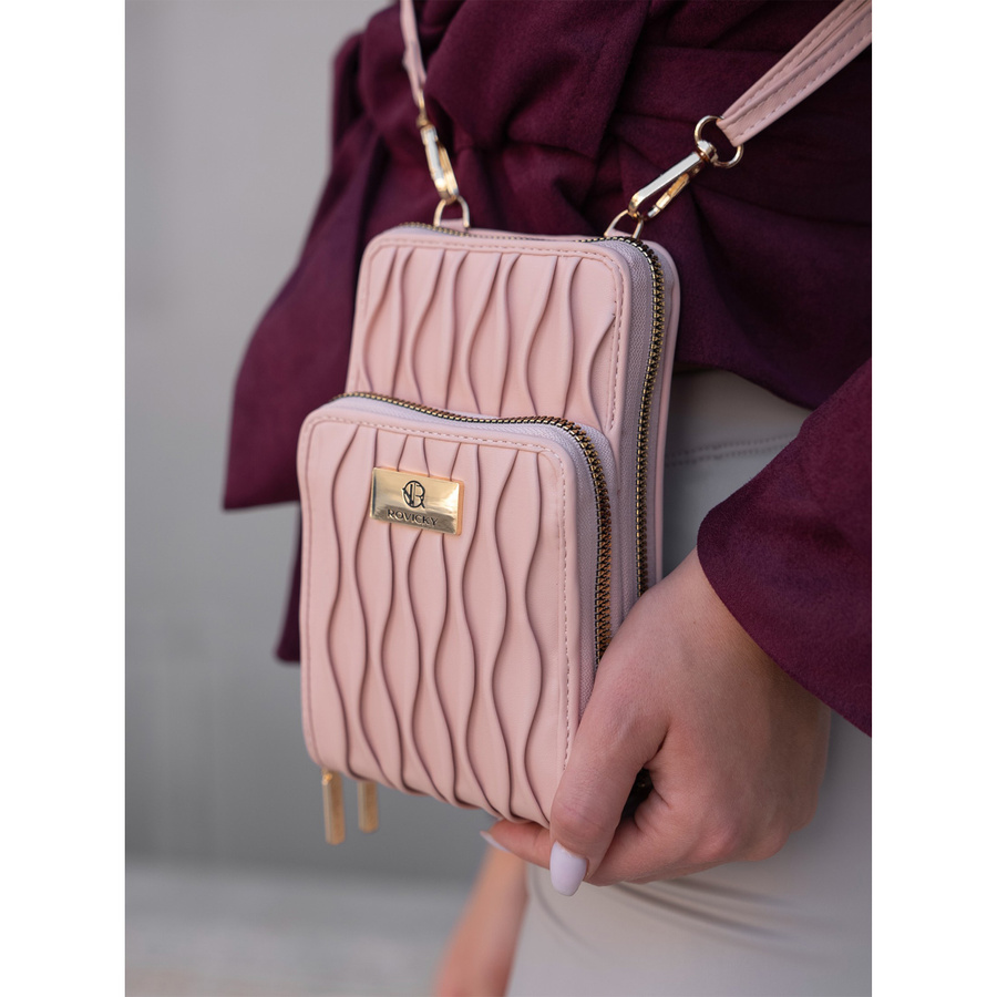 Torebka-portfel 2w1 w różowym kolorze zawieszona na dopinanym pasku - Rovicky - obrazek 8
