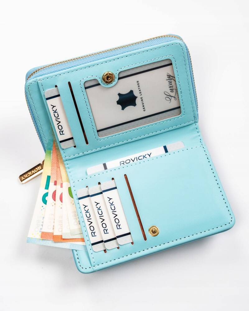 Pojemny portfel damski w kolorze błękitnym zamykany zatrzaskiem i suwakiem - Rovicky - obrazek 5