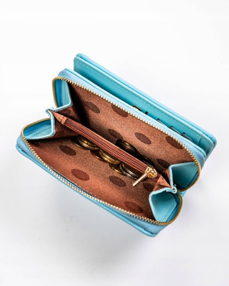 Pojemny portfel damski w kolorze błękitnym zamykany zatrzaskiem i suwakiem - Rovicky - obrazek 8