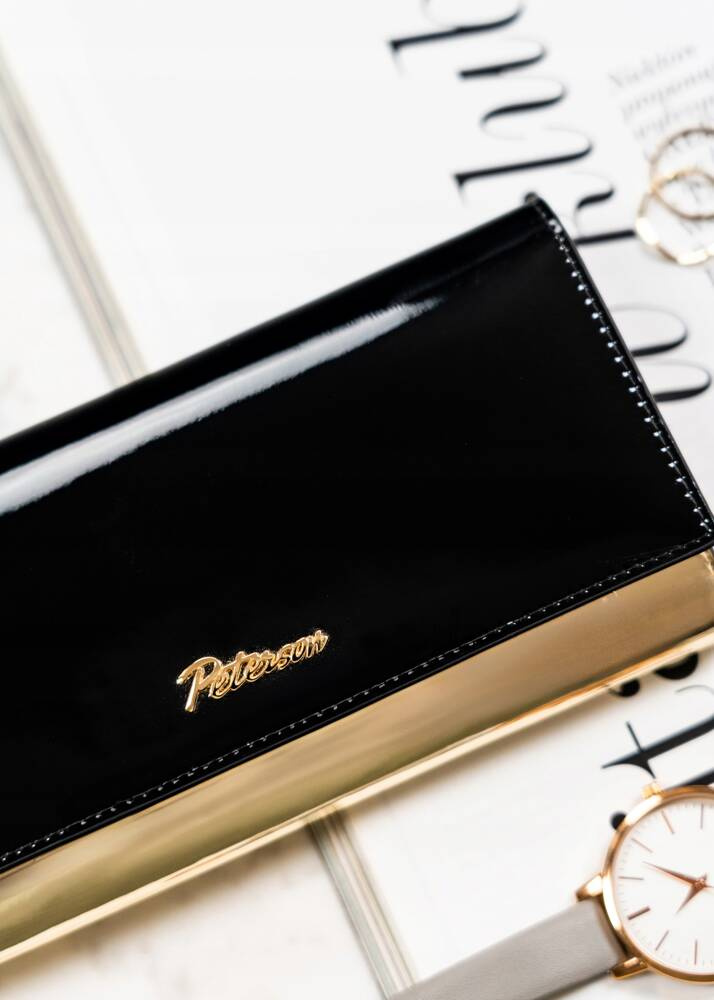 Duży, czarno-złoty portfel damski ze skóry naturalnej zamykany na zatrzask - Peterson - obrazek 3