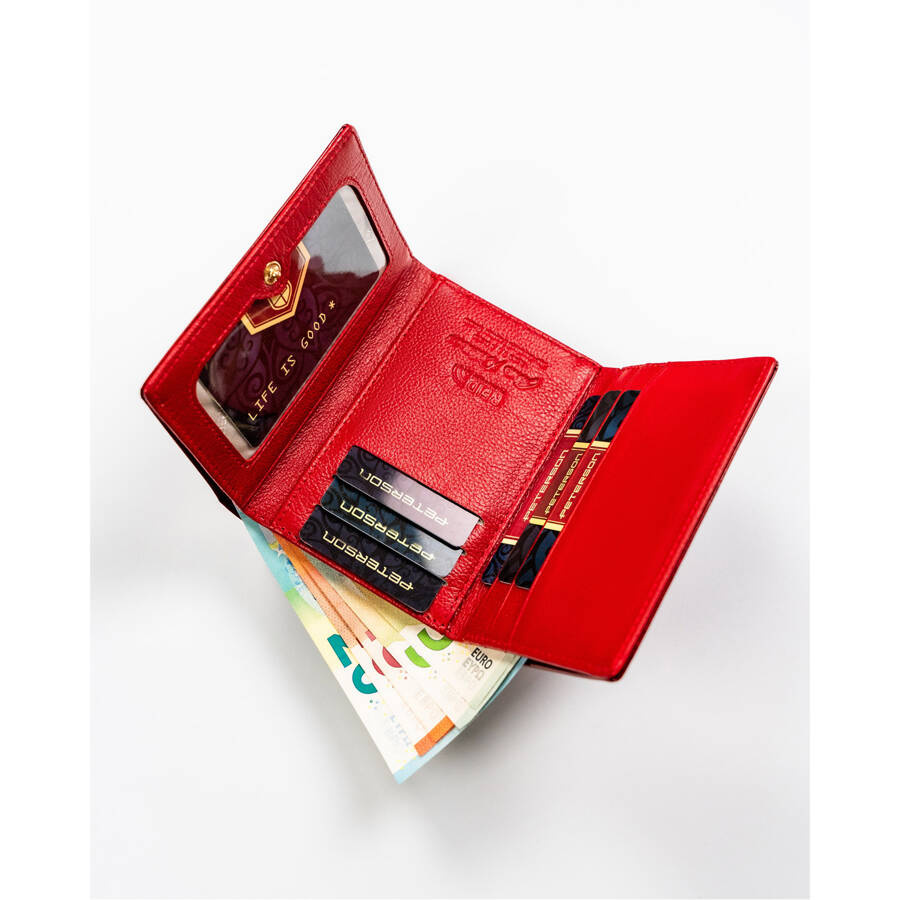 Mały portfel damski ze skóry naturalnej w czerwonym kolorze zamykany na bigiel i zatrzask - Peterson - obrazek 10