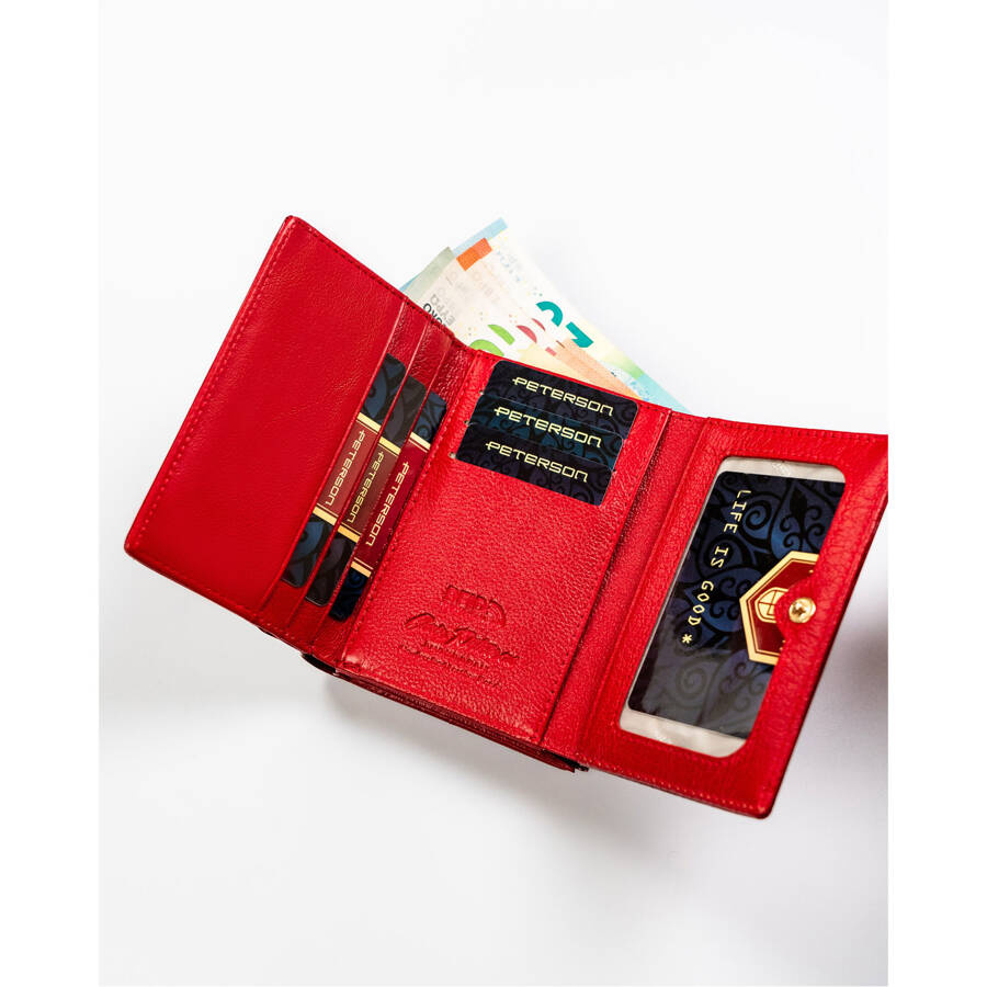 Mały portfel damski ze skóry naturalnej w czerwonym kolorze zamykany na bigiel i zatrzask - Peterson - obrazek 8