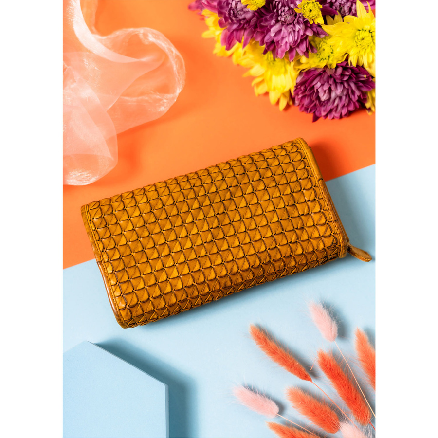 Musztardowy portfel z geometrycznym wzorem skóra naturalna - Rovicky - obrazek 4