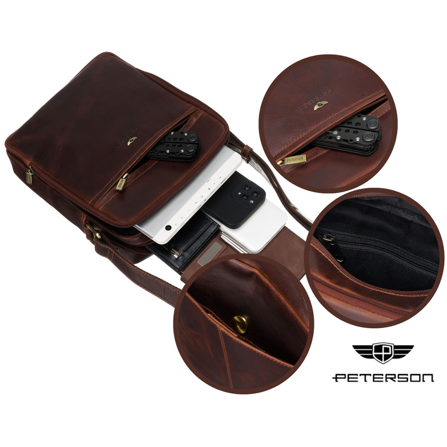 Listonoszka męska ze skóry naturalnej w brązowym kolorze z zewnętrzną kieszenią na suwak - Peterson - obrazek 11