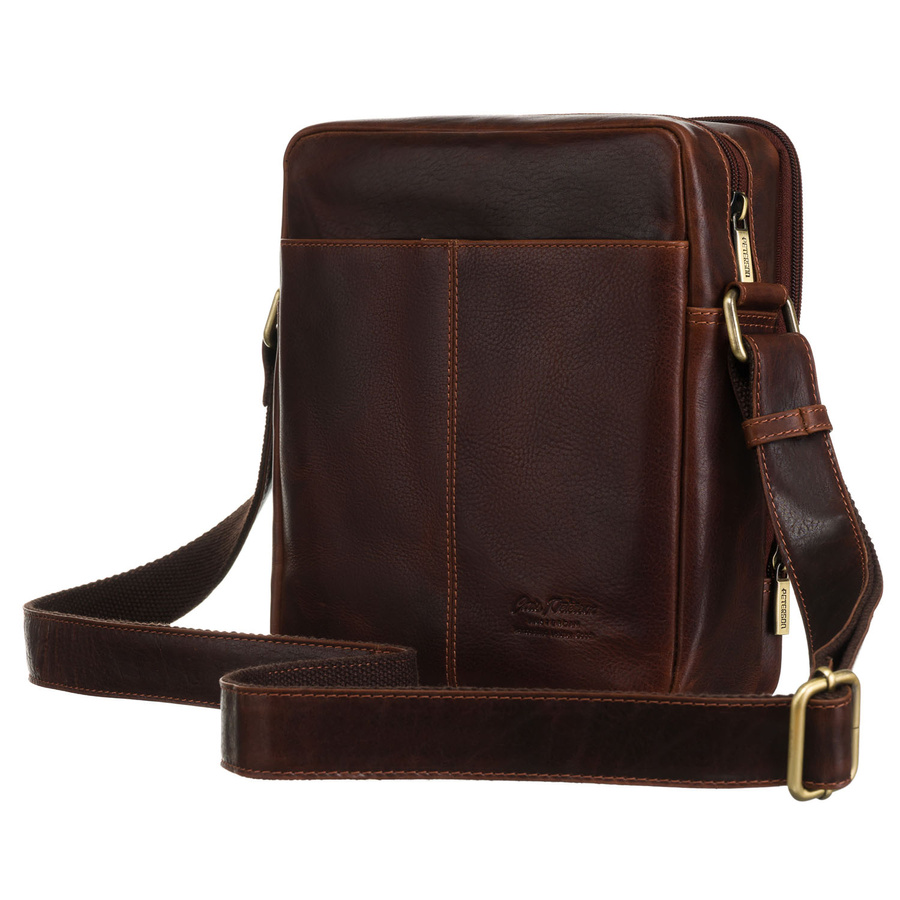 Listonoszka męska ze skóry naturalnej w brązowym kolorze z zewnętrzną kieszenią na suwak - Peterson - obrazek 3