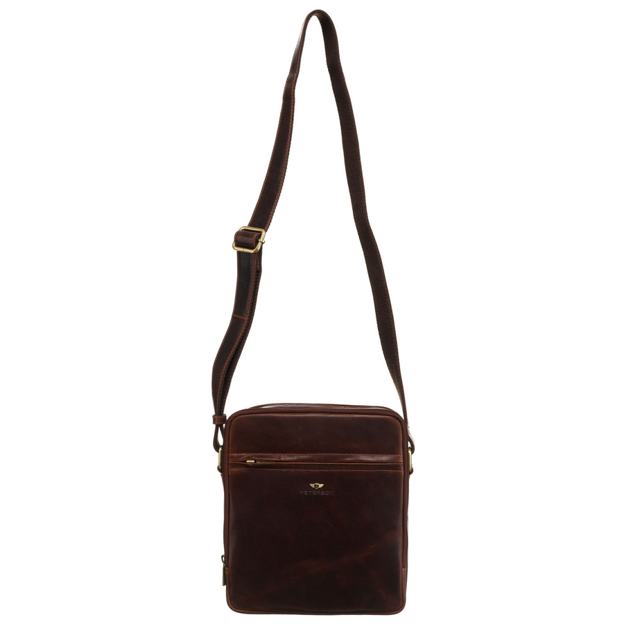 Listonoszka męska ze skóry naturalnej w brązowym kolorze z zewnętrzną kieszenią na suwak - Peterson - obrazek 4