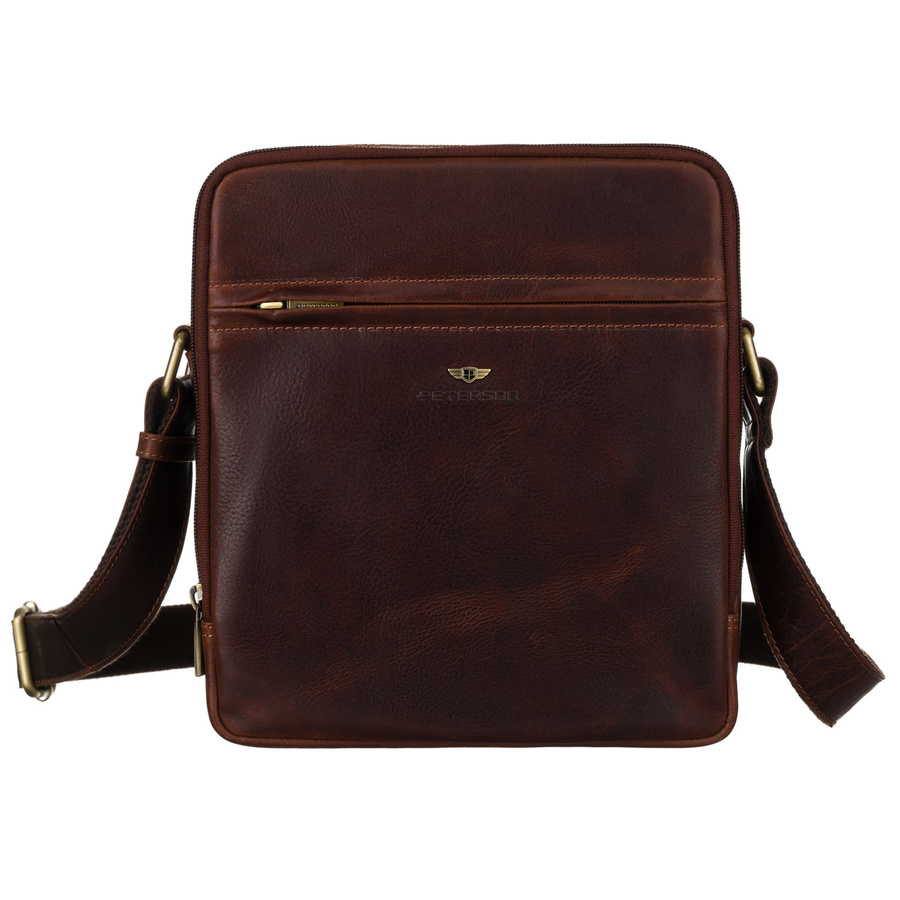 Listonoszka męska ze skóry naturalnej w brązowym kolorze z zewnętrzną kieszenią na suwak - Peterson - obrazek 2