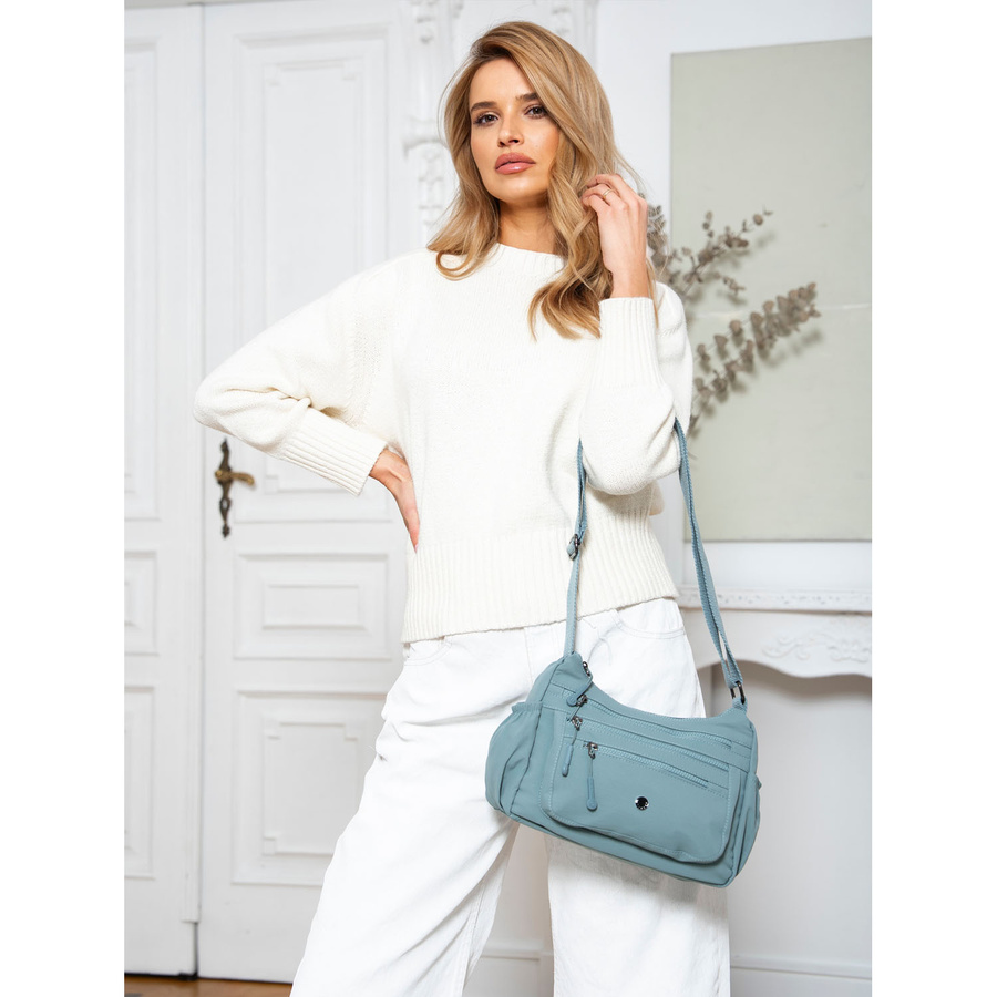 Niebieska torebka damska z poliestru z kieszenią na suwak na froncie - Peterson - obrazek 5