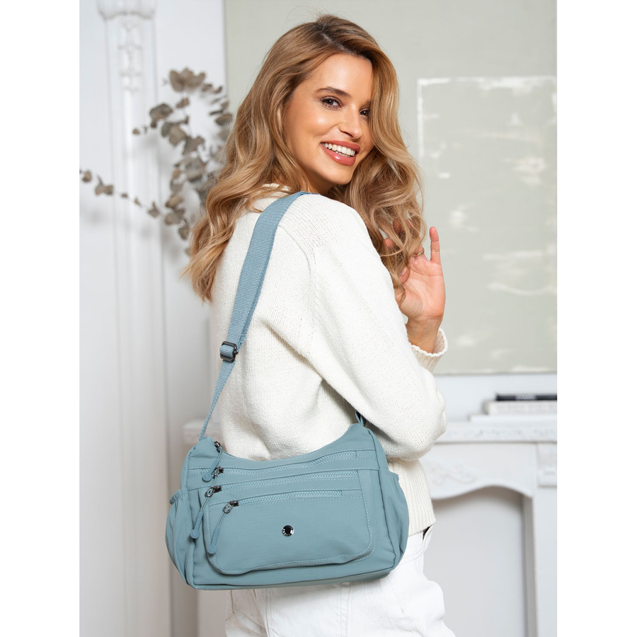 Niebieska torebka damska z poliestru z kieszenią na suwak na froncie - Peterson - obrazek 2