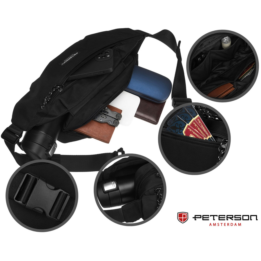 Pojemna nerka męska z poliestru w czarnym kolorze zamykana suwakiem - Peterson - obrazek 6