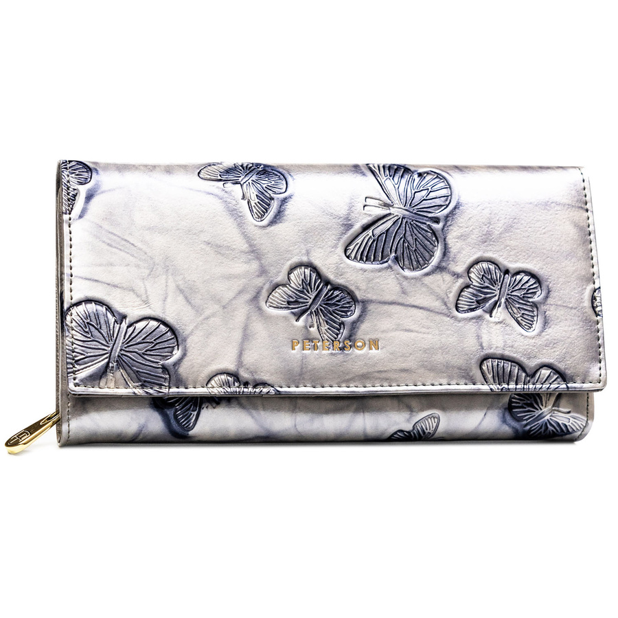 Pojemny portfel damski ze skóry naturalnej w srebrnym kolorze zamykany na zatrzask - Peterson - obrazek 2