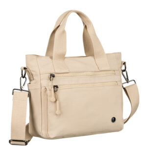 Niewielka shopperka damska z poliestru w beżowym kolorze z dopinanym paskiem - Peterson