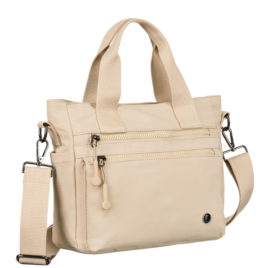 Niewielka shopperka damska z poliestru w beżowym kolorze z dopinanym paskiem - Peterson