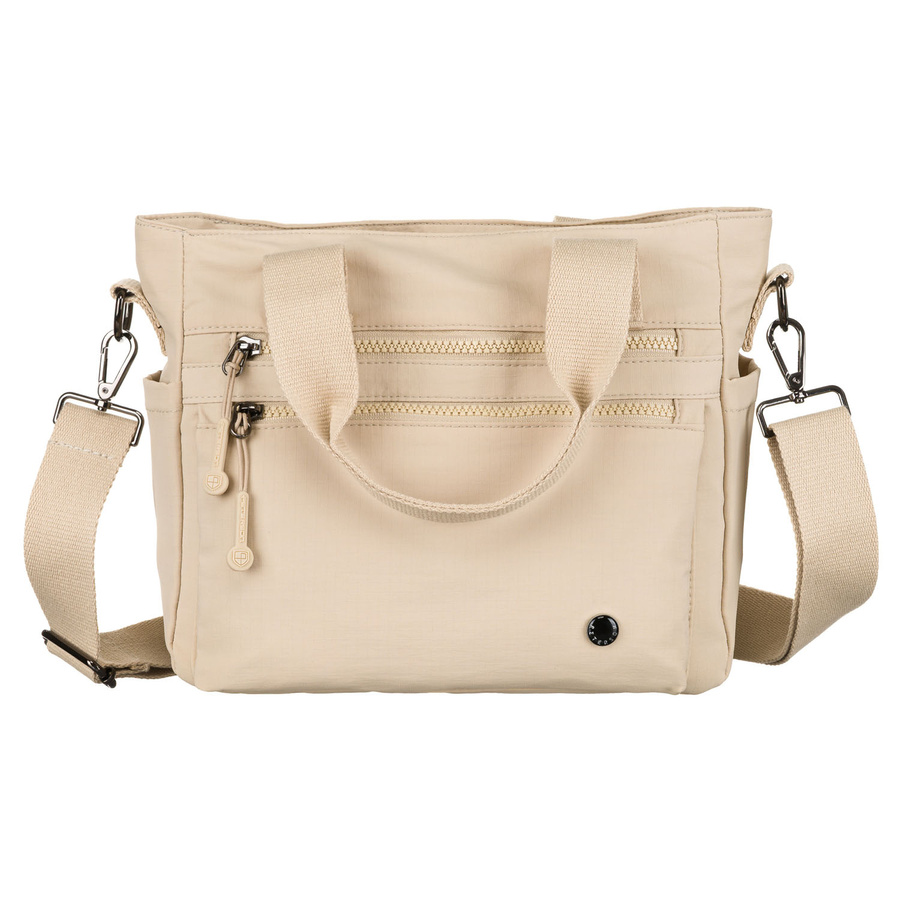 Niewielka shopperka damska z poliestru w beżowym kolorze z dopinanym paskiem - Peterson - obrazek 4