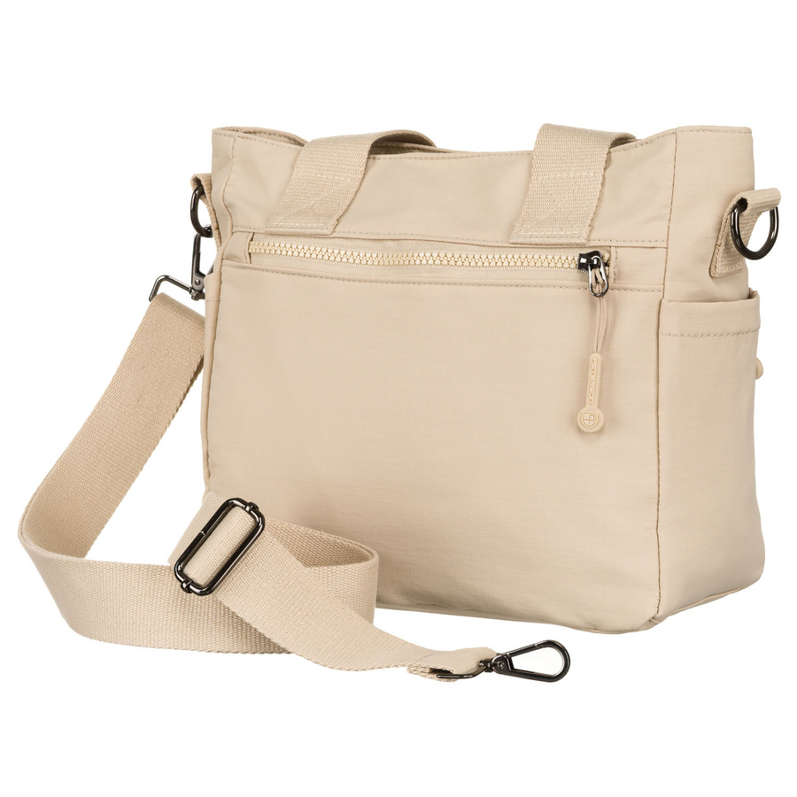 Niewielka shopperka damska z poliestru w beżowym kolorze z dopinanym paskiem - Peterson - obrazek 7