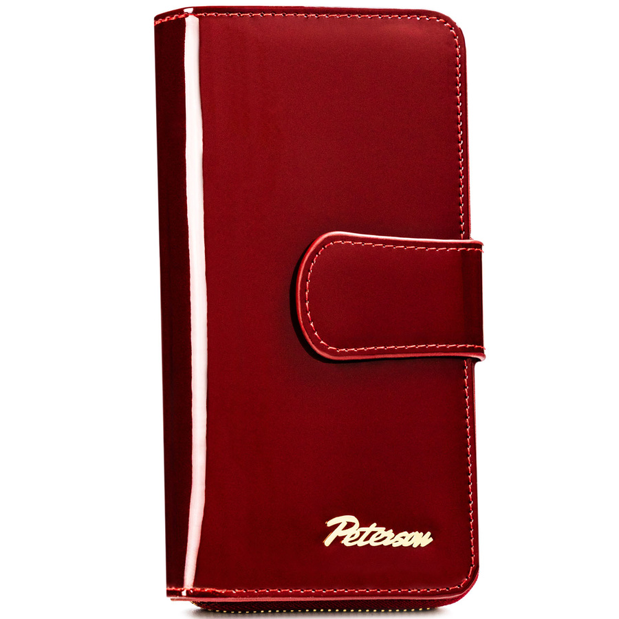 Lakierowany, pionowy skórzany portfel damski w czerwonym kolorze - Peterson - obrazek 2
