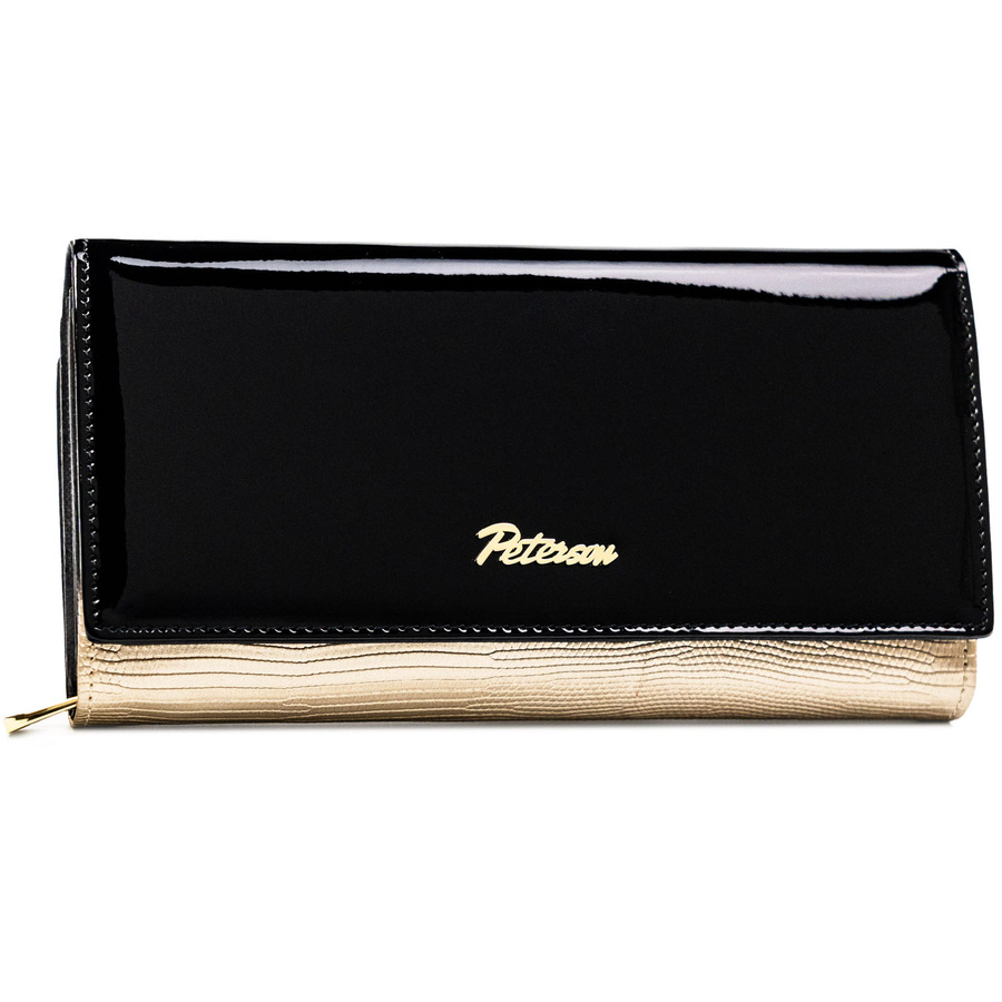 Portfel damski z lakierowanej skóry naturalnej w czarno-złotym kolorze, wyposażony w system RFID - Peterson - obrazek 2