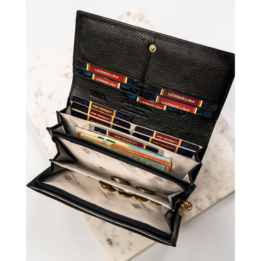 Portfel damski z lakierowanej skóry naturalnej w czarno-złotym kolorze, wyposażony w system RFID - Peterson - obrazek 12