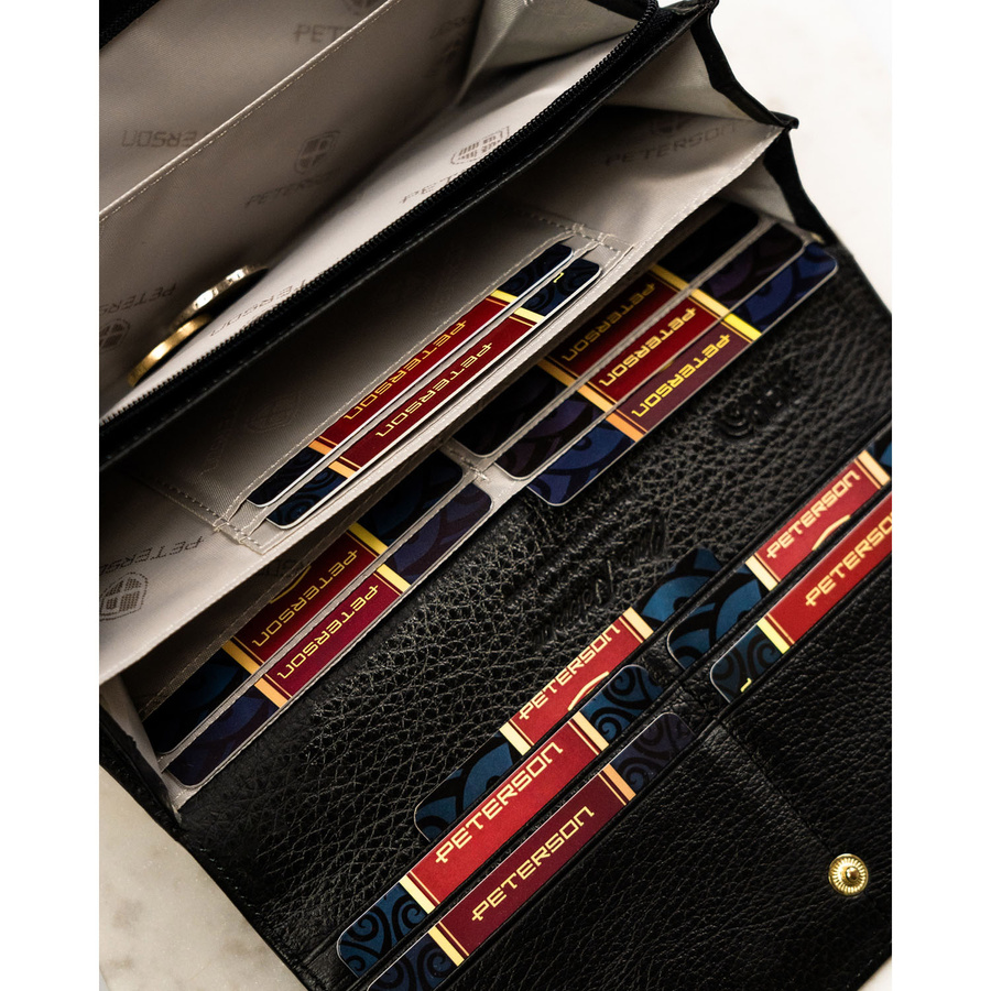 Portfel damski z lakierowanej skóry naturalnej w czarno-złotym kolorze, wyposażony w system RFID - Peterson - obrazek 13