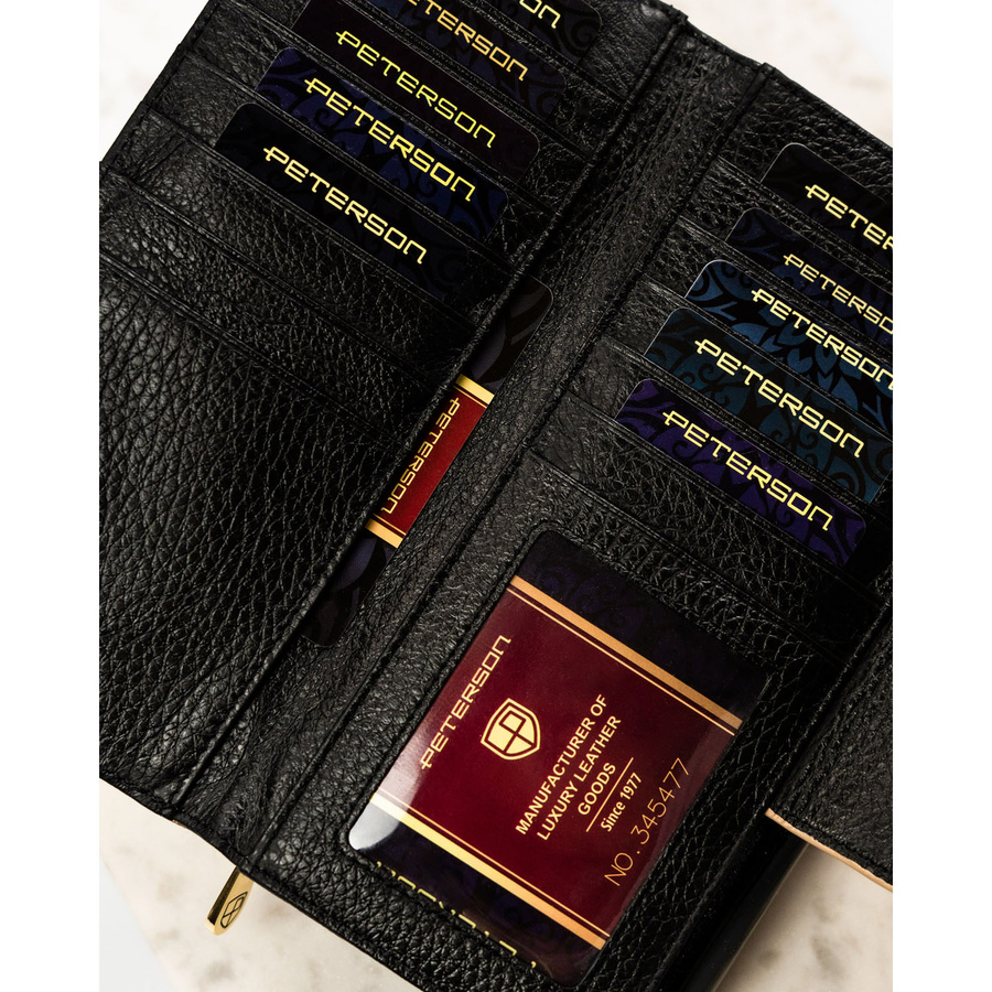 Portfel damski z lakierowanej skóry naturalnej w czarno-złotym kolorze, wyposażony w system RFID - Peterson - obrazek 10