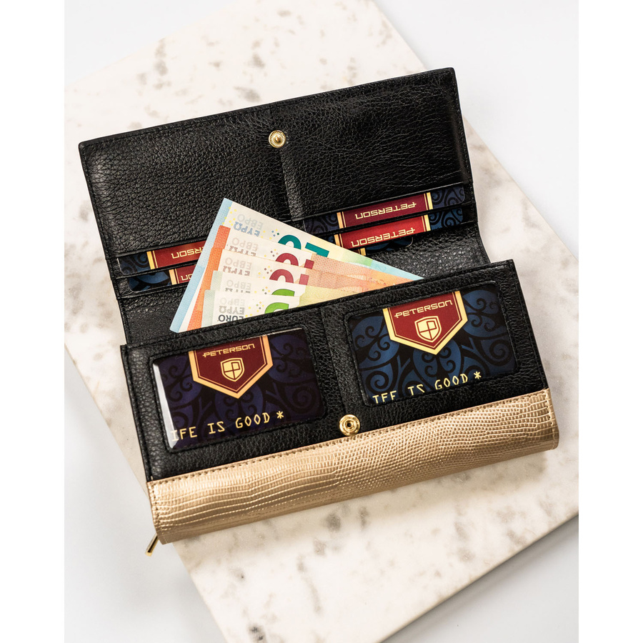 Portfel damski z lakierowanej skóry naturalnej w czarno-złotym kolorze, wyposażony w system RFID - Peterson - obrazek 6