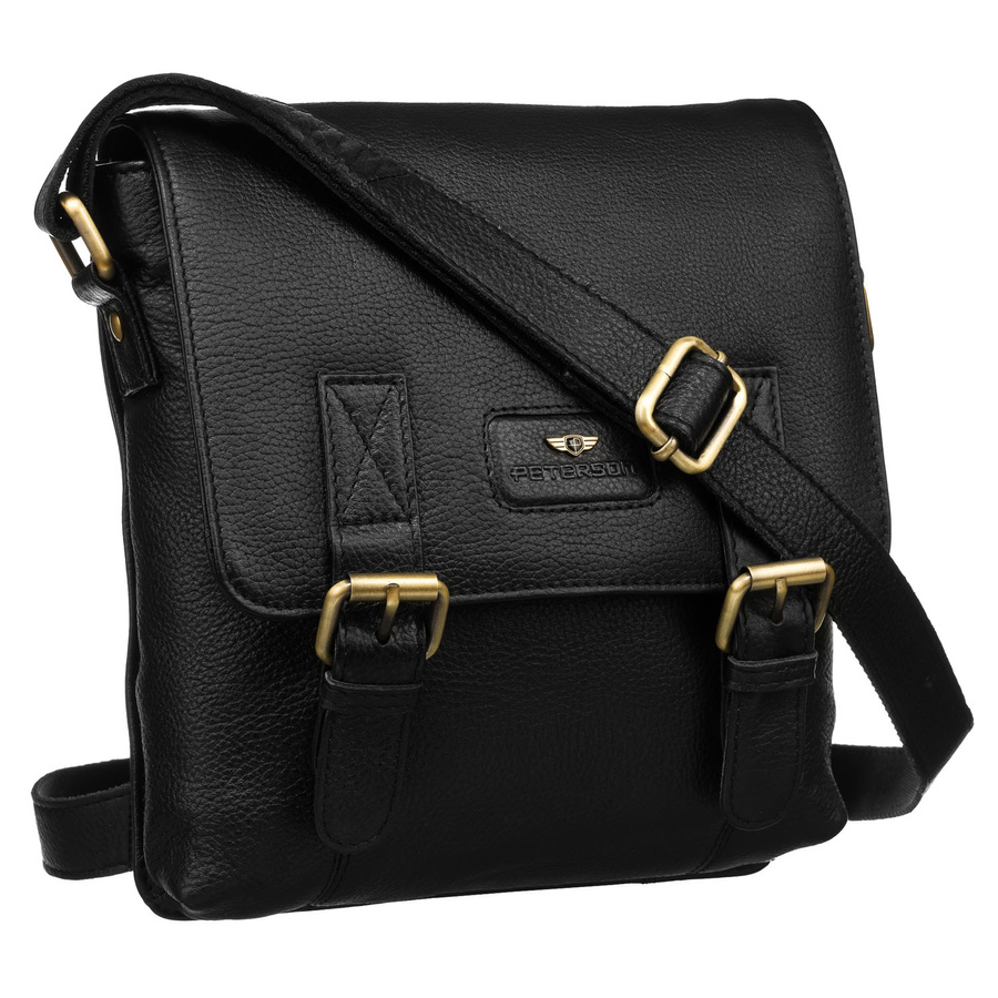 Klasyczna, czarna listonoszka męska ze skóry naturalnej zawieszona na regulowanym pasku - Peterson - obrazek 2