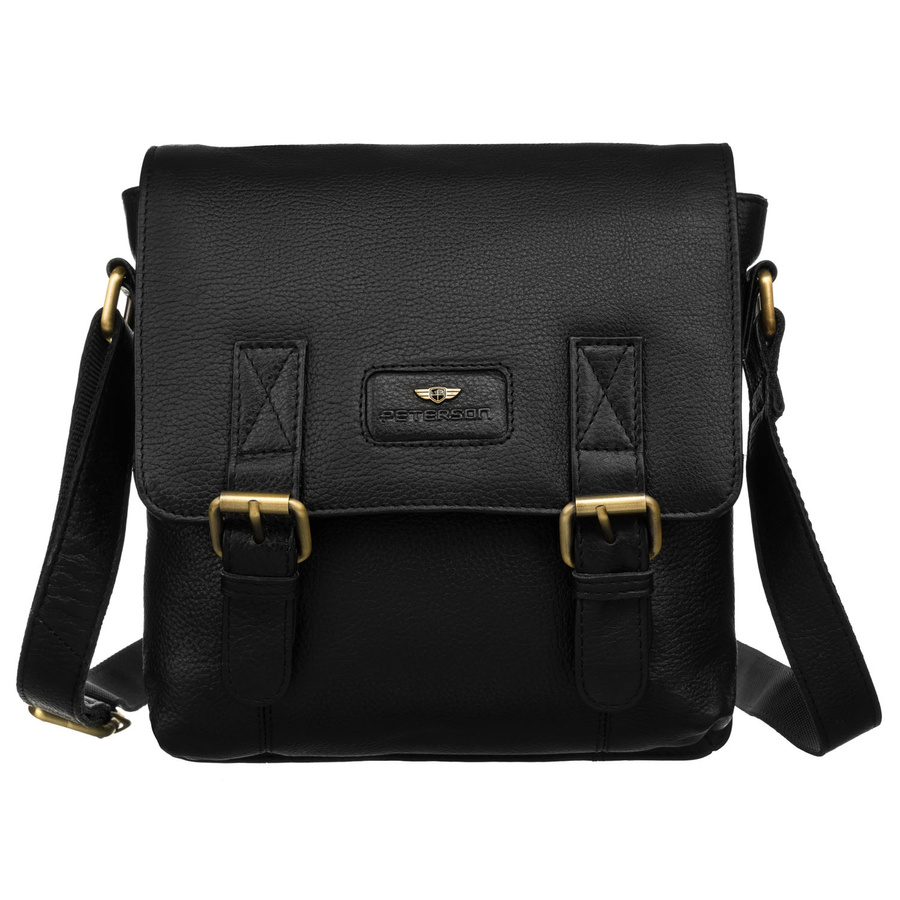 Klasyczna, czarna listonoszka męska ze skóry naturalnej zawieszona na regulowanym pasku - Peterson