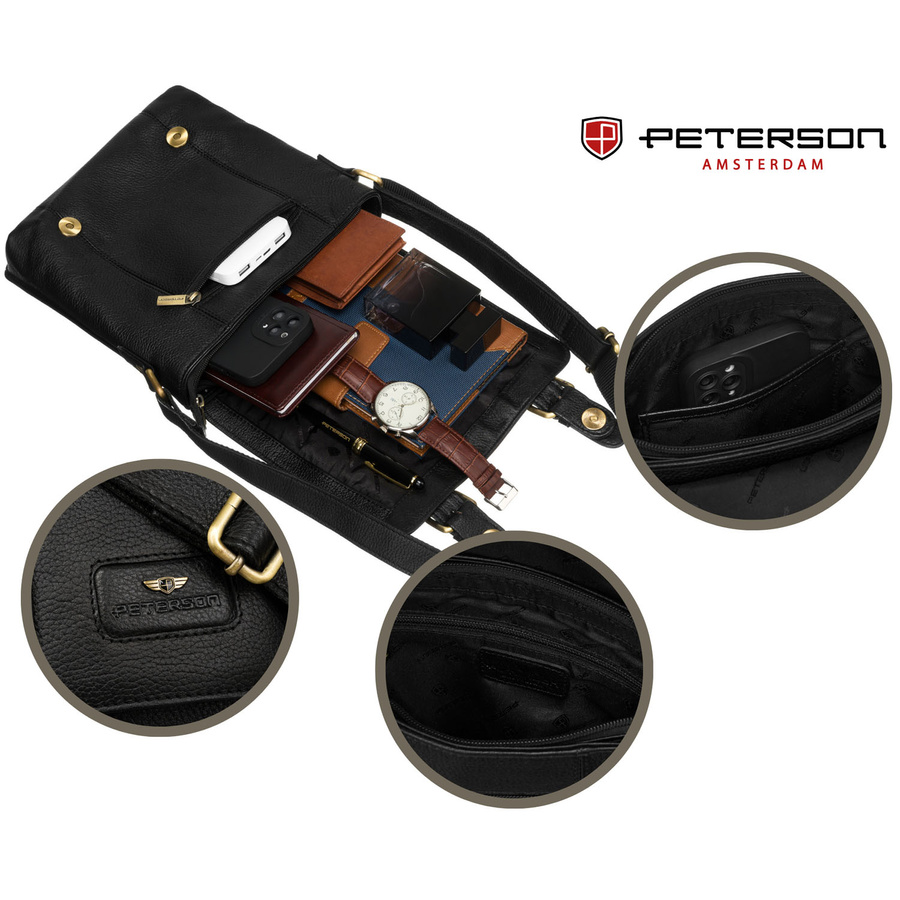 Klasyczna, czarna listonoszka męska ze skóry naturalnej zawieszona na regulowanym pasku - Peterson - obrazek 9