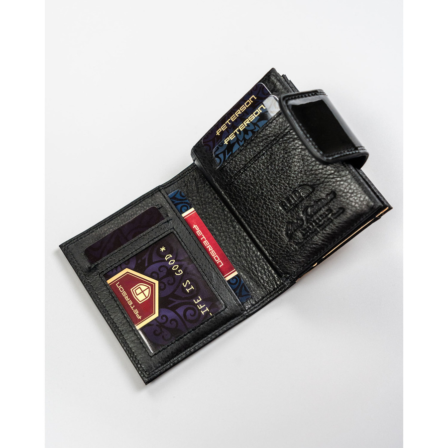 Mały portfel damski wykonany ze skóry naturalnej w czarno-złotym kolorze wyposażony w system RFID - Peterson - obrazek 8