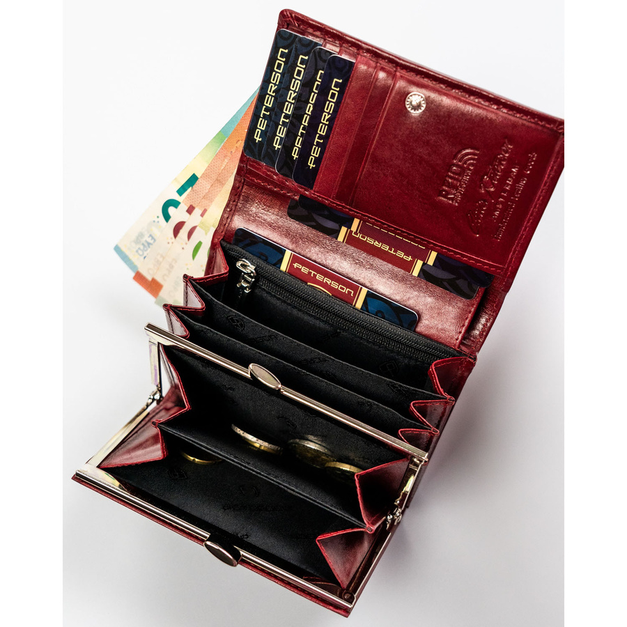 Klasyczny, skórzany portfel damski w czerwonym kolorze zamykany zatrzaskiem i biglem - Peterson - obrazek 9