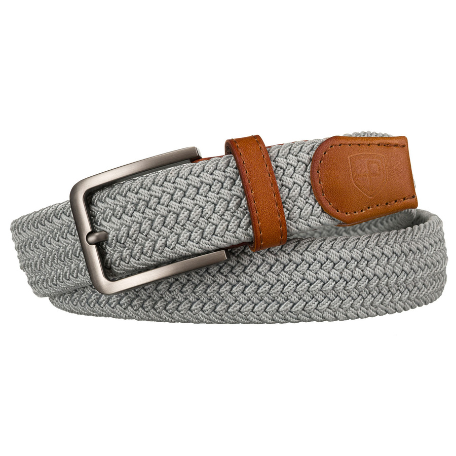 Szary pasek męski z syntetycznego materiału z brązowymi dodatkami - Peterson - obrazek 2