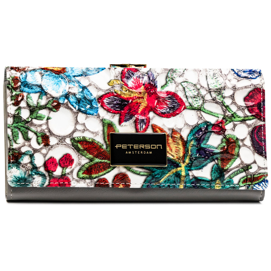 Duży, wielokolorowy portfel damski ze skóry naturalnej na zatrzask i bigiel - Peterson - obrazek 2