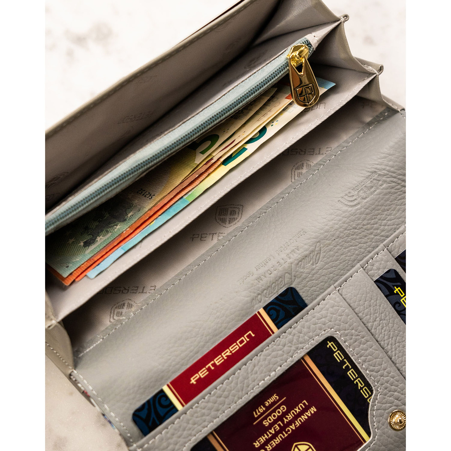 Duży, wielokolorowy portfel damski ze skóry naturalnej na zatrzask i bigiel - Peterson - obrazek 11