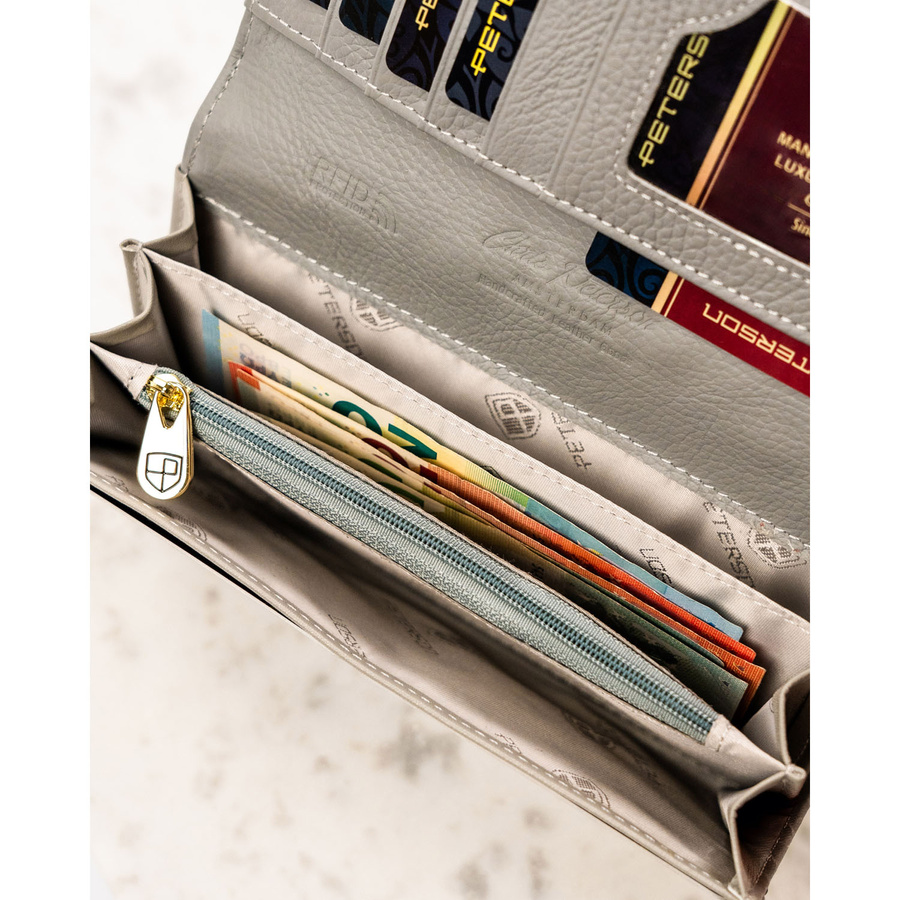 Duży, wielokolorowy portfel damski ze skóry naturalnej na zatrzask i bigiel - Peterson - obrazek 13