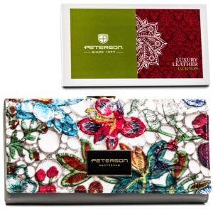 Duży, wielokolorowy portfel damski ze skóry naturalnej na zatrzask i bigiel - Peterson