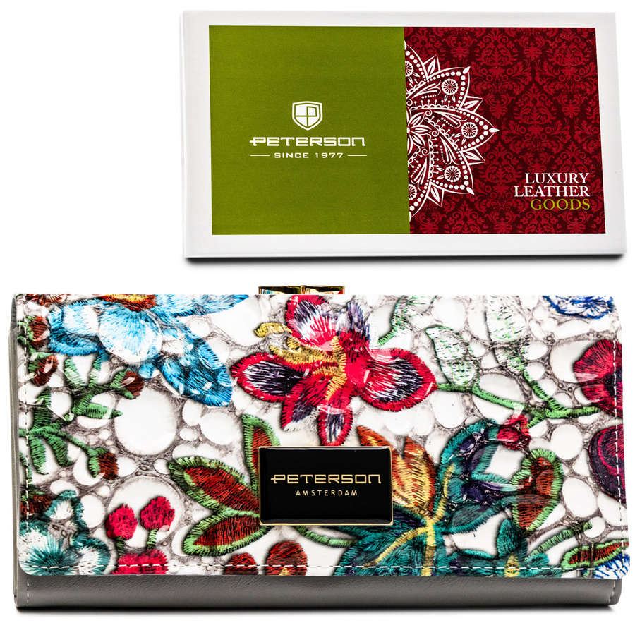 Duży, wielokolorowy portfel damski ze skóry naturalnej na zatrzask i bigiel - Peterson