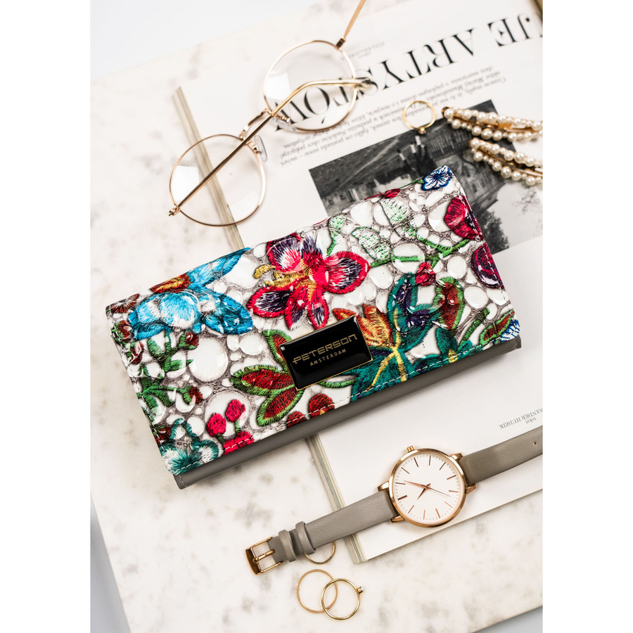 Duży, wielokolorowy portfel damski ze skóry naturalnej na zatrzask i bigiel - Peterson - obrazek 4