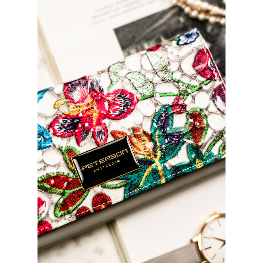 Duży, wielokolorowy portfel damski ze skóry naturalnej na zatrzask i bigiel - Peterson - obrazek 5