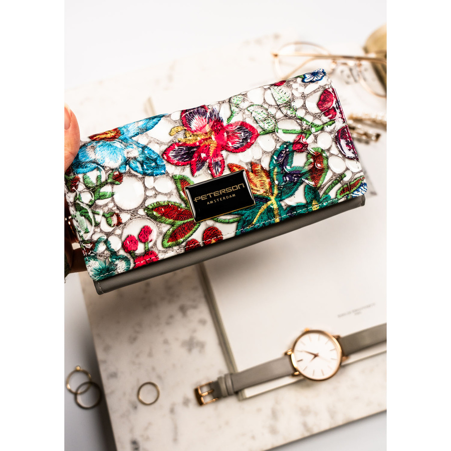 Duży, wielokolorowy portfel damski ze skóry naturalnej na zatrzask i bigiel - Peterson - obrazek 3