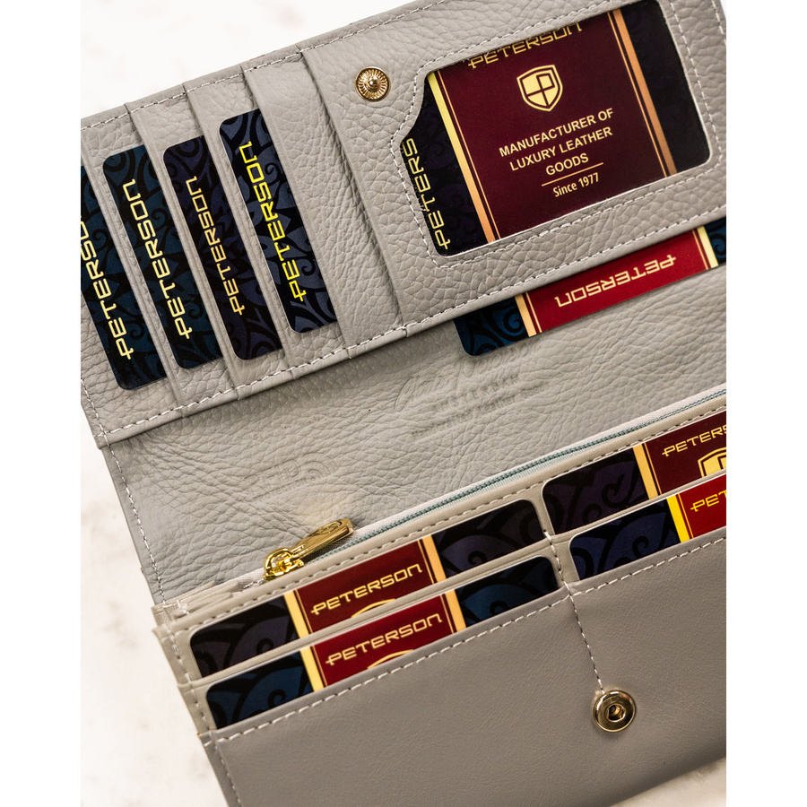Duży, wielokolorowy portfel damski ze skóry naturalnej na zatrzask i bigiel - Peterson - obrazek 10
