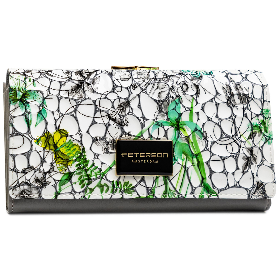 Wielokolorowy, poziomy portfel damski ze skóry naturalnej w kwiatowy wzór - Peterson - obrazek 2