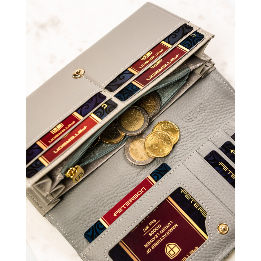 Wielokolorowy, poziomy portfel damski ze skóry naturalnej w kwiatowy wzór - Peterson - obrazek 11