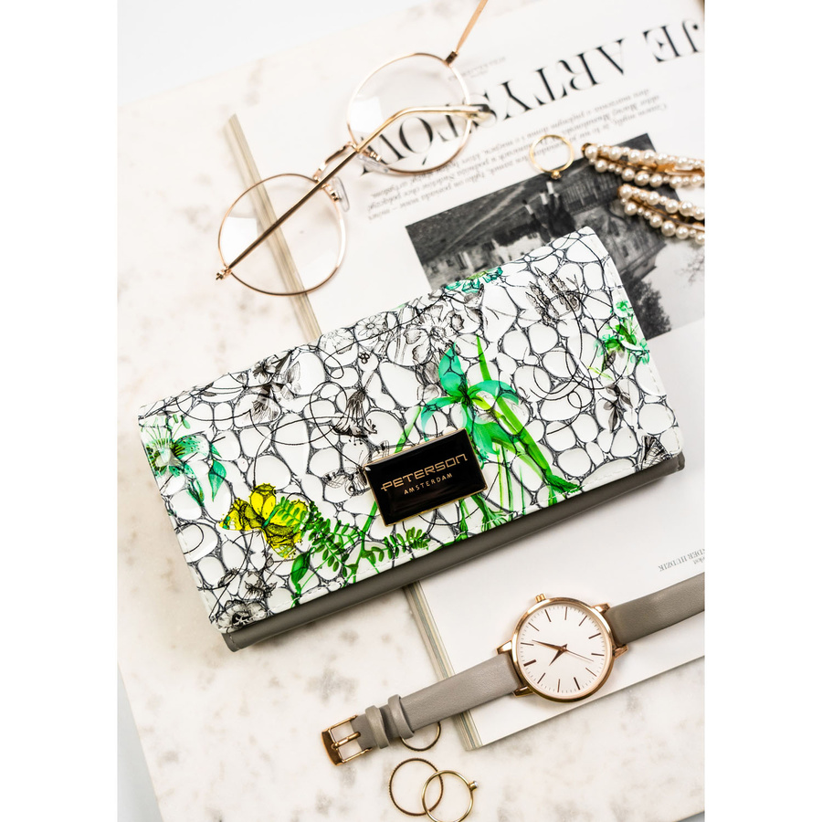 Wielokolorowy, poziomy portfel damski ze skóry naturalnej w kwiatowy wzór - Peterson - obrazek 3