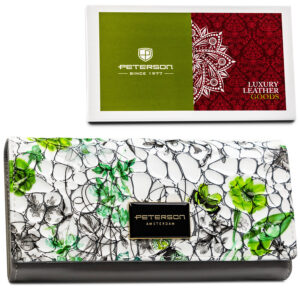 Duży, poziomy portfel damski ze skóry naturalnej w kwiatowy wzór - Peterson